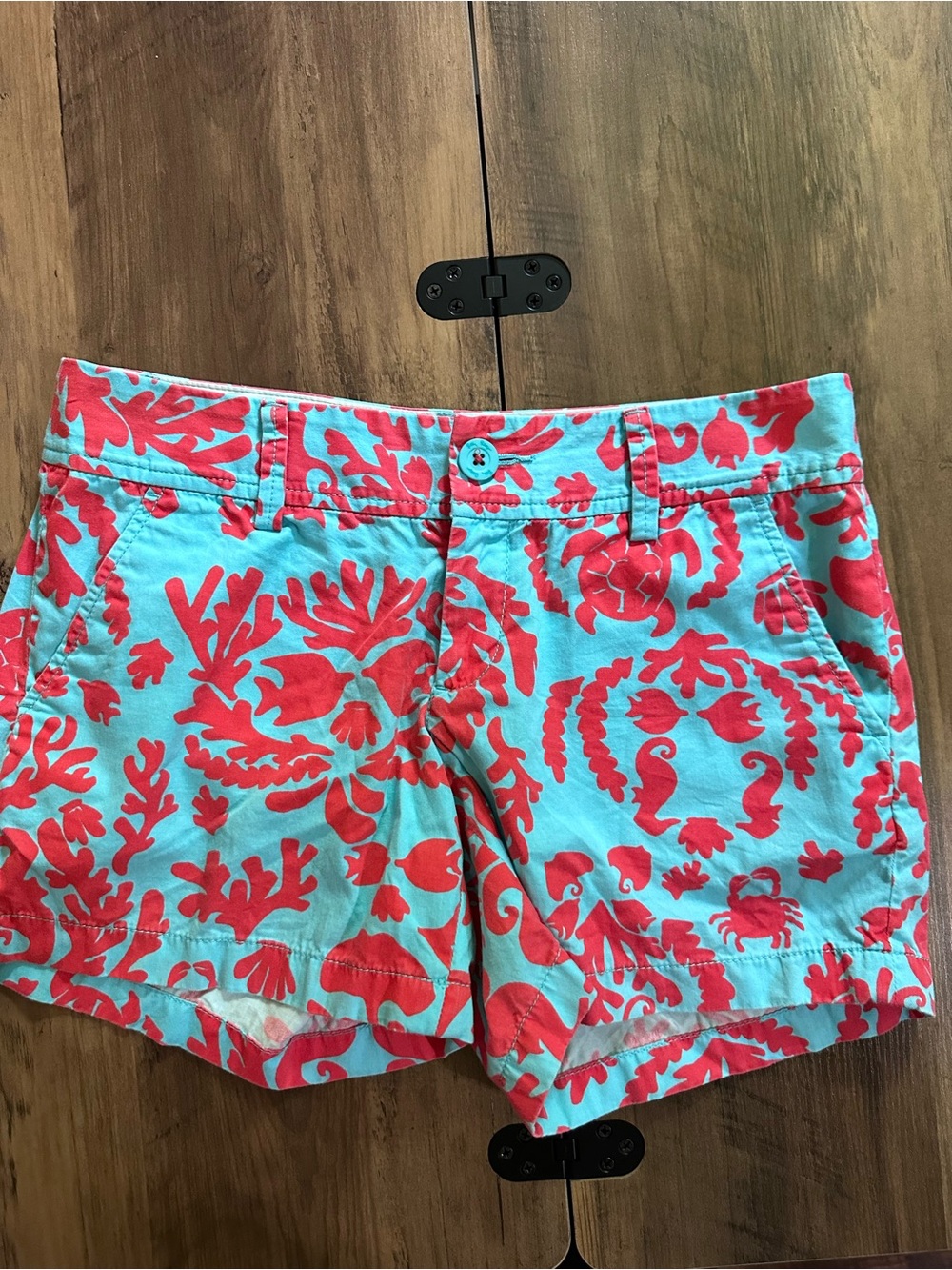 Lilly Pulitzer Aqua and Coral Print Cotton Shorts